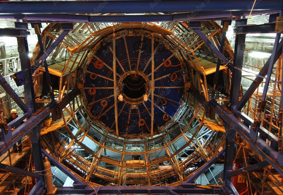 The interior of the Large Hadron Collider is open while undergoing repair.