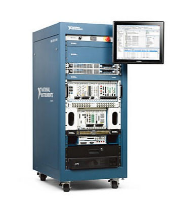 National Instrument automated test fixture featuring PXI hardware.