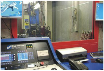 Test bench controls in the engine testing workshop.